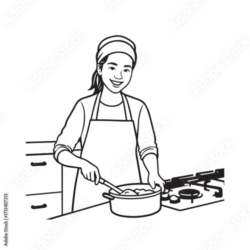 Black and White Vector Illustration of a Smiling Woman Cooking in Kitchen with Apron and Headband
