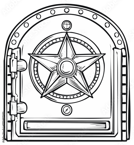 Monochrome illustration of a secure vault door with a large five-pointed star design and rivets