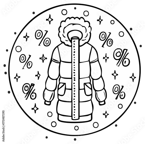 Winter Sale Outline: Puffer Coat, Percentage Signs, Stars, Circle, Black and White, Season Discount