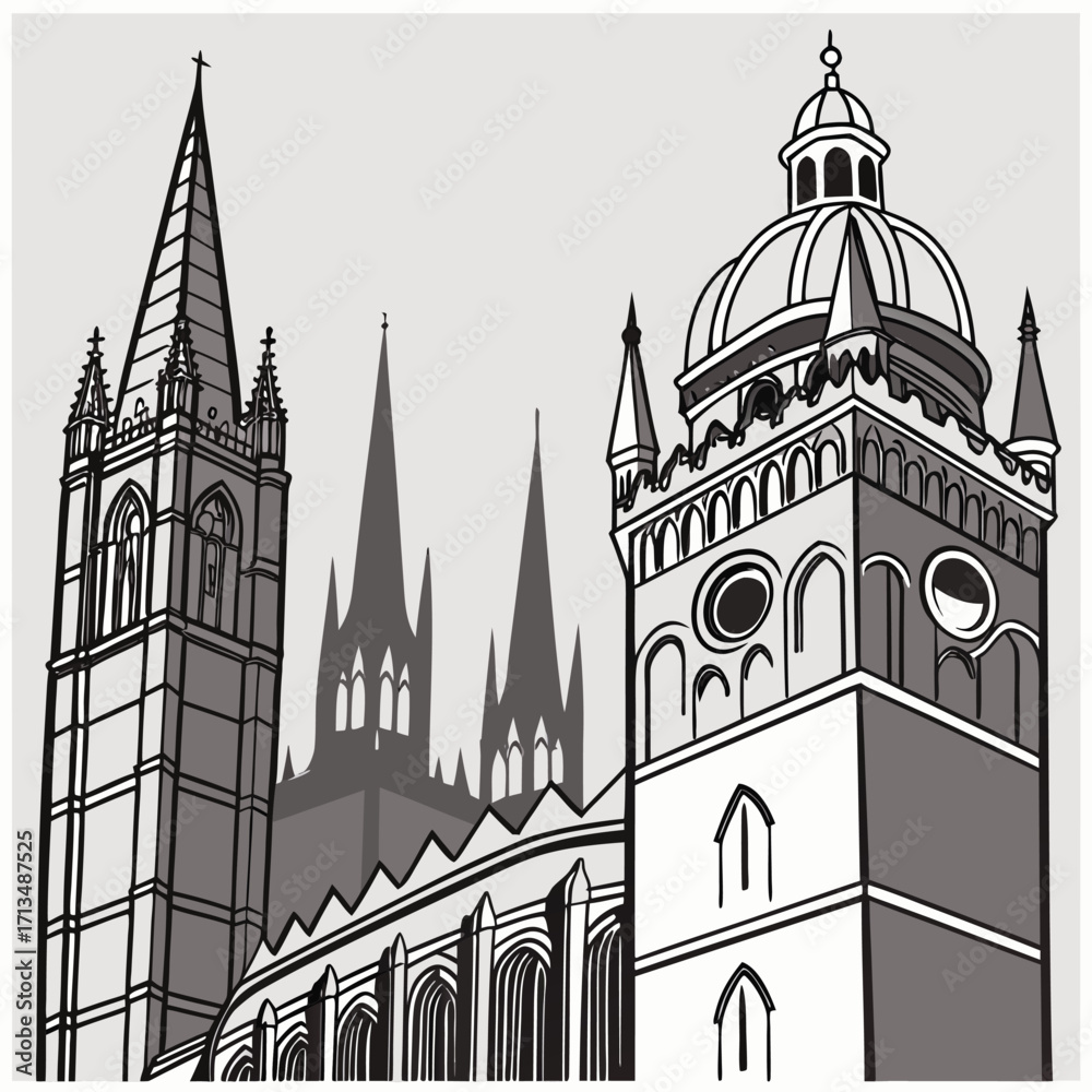 Fototapeta premium Architectural Silhouette: A black and white illustration of a magnificent cathedral, showcasing intricate architectural details, spires, and a grand dome that exude history and grandeur.