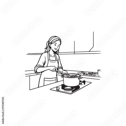 Black and White Vector Illustration of a Smiling Woman Cooking in Kitchen with Apron and Headband