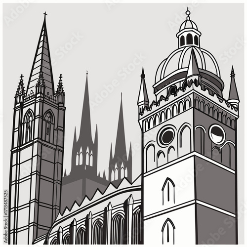 Architectural Silhouette: A black and white illustration of a magnificent cathedral, showcasing intricate architectural details, spires, and a grand dome that exude history and grandeur.