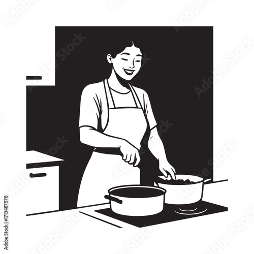 Black and White Vector Illustration of a Smiling Woman Cooking in Kitchen with Apron and Headband