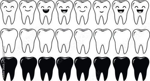Vector illustration of multiple tooth icons, happy teeth, dental health care, oral hygiene, black and white tooth graphic collection