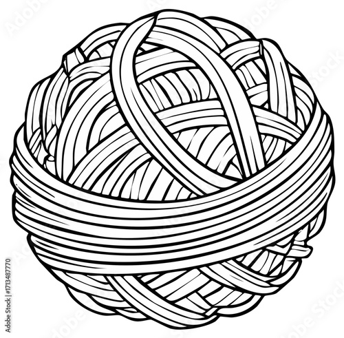 Black and white outline illustration of a tightly wound ball of yarn or string