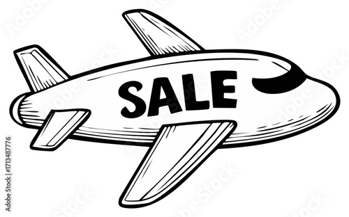 Black and white cartoon airplane with SALE text, ideal for travel deals promotion
