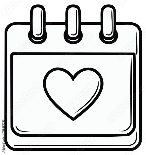 Line art illustration of a calendar page featuring a heart shape for romance