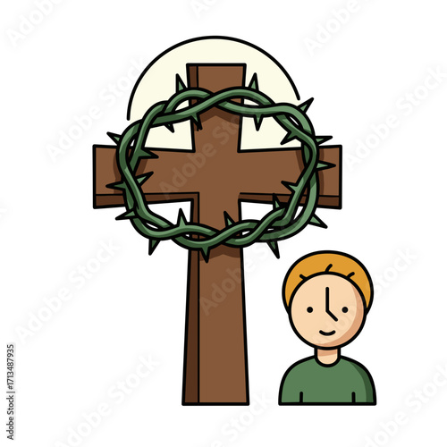 Wooden Cross with Thorns and Believer