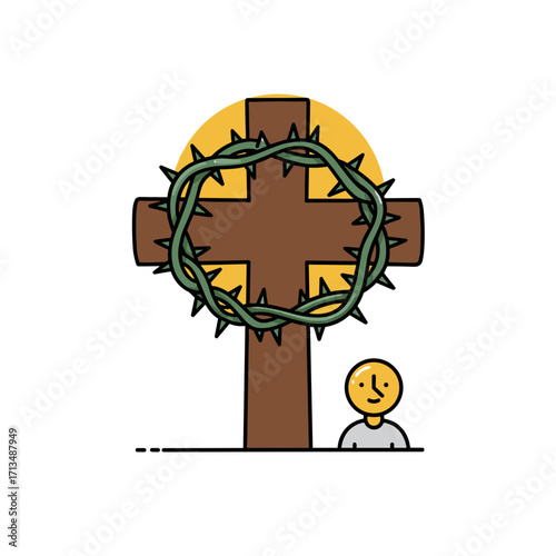 Wooden Cross with Crown of Thorns