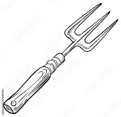 Hand drawn illustration of a gardening hand fork with wooden handle