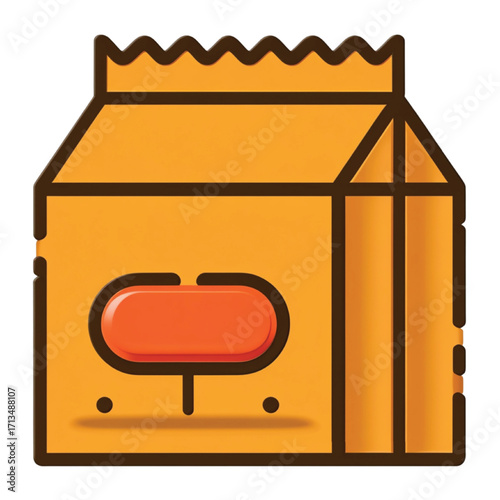 Illustration of a brown paper bag with a red label.