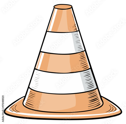 Orange and white striped cartoon traffic cone vector illustration for road safety and construction warning
