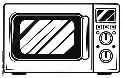 Microwave oven in black and white vector illustration