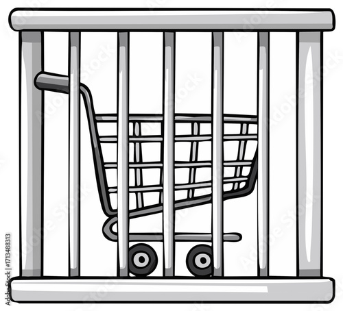 Shopping cart trapped behind bars representing confinement or restriction