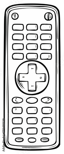 Hand-drawn TV remote control with buttons and a cross navigation pad, in black and white