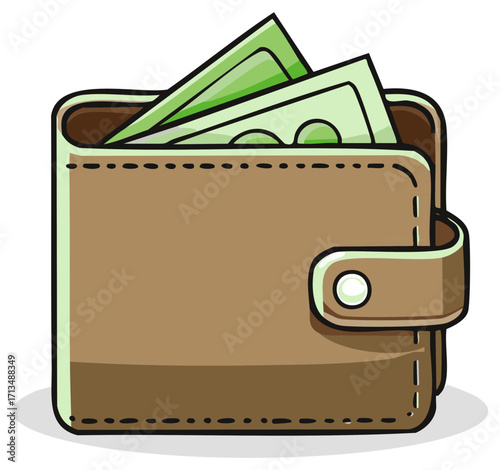 Brown leather wallet with cash inside, finance and budgeting, money management icon