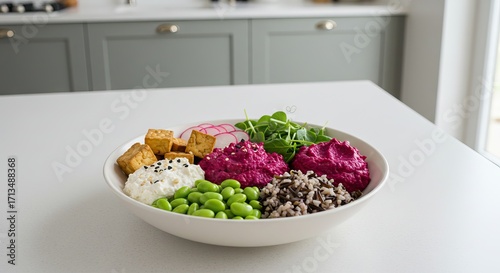 A bowl contains tofu edamame rice radish slices greens white cheese and two pink spreads on a white surface