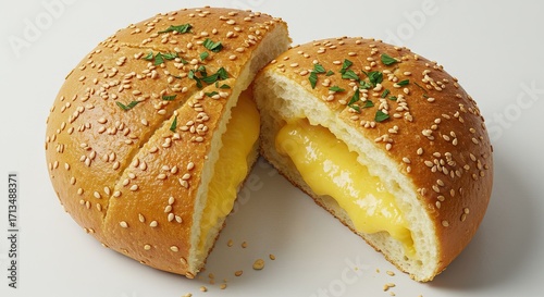 A bread loaf split to expose a gooey yellow filling Topped with sesame seeds and herbs Set against a neutral backdrop