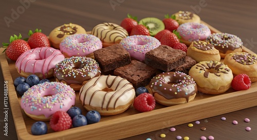 Wooden tray with an assortment of donuts brownies and fresh berries