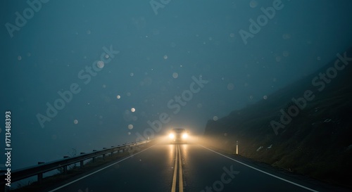 A car with headlights on a foggy road at night