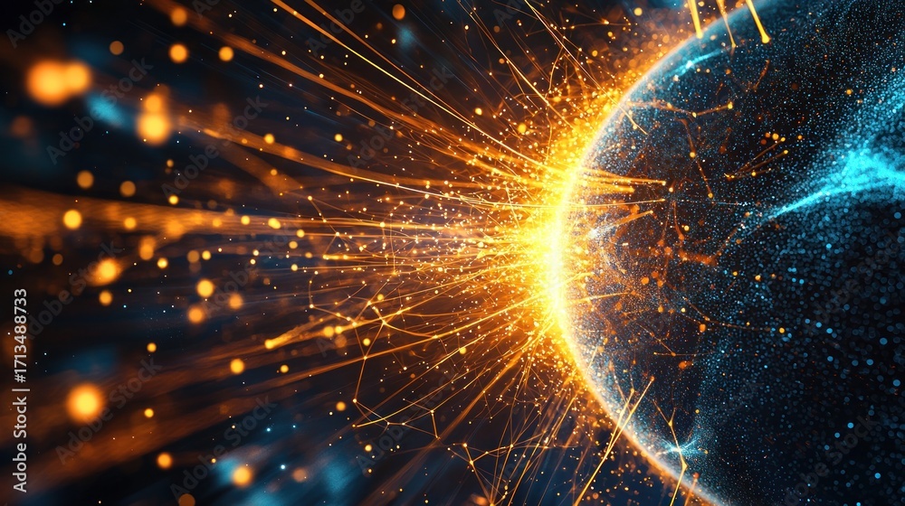 Obraz premium A vibrant, abstract digital artwork featuring a glowing, spherical form with a radiant, fiery core emitting a burst of energy or light.