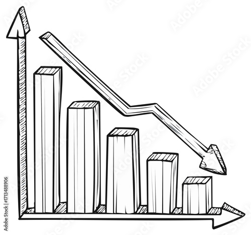 Hand-drawn graph of business progress, with upward and downward arrows