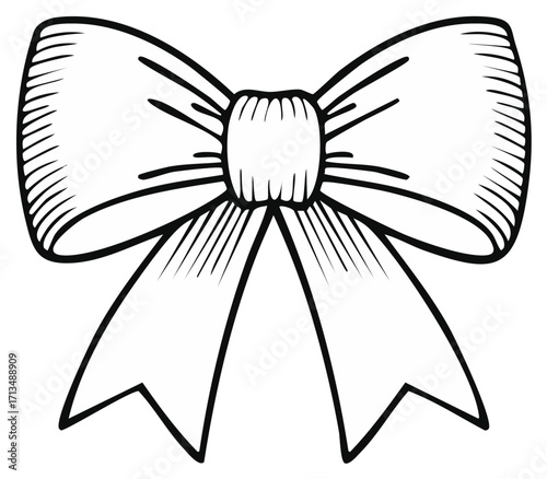 Graphic black and white illustration of a ribbon bow with hatched details and hanging tails