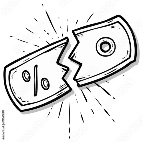 Broken coupon or discount symbol with percentage sign, conceptual illustration.