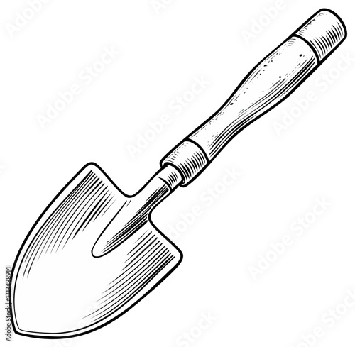 Engraved style hand shovel isolated on white background, drawing illustration