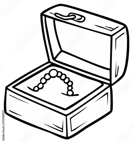 Open jewelry box with a necklace inside, a black and white illustration