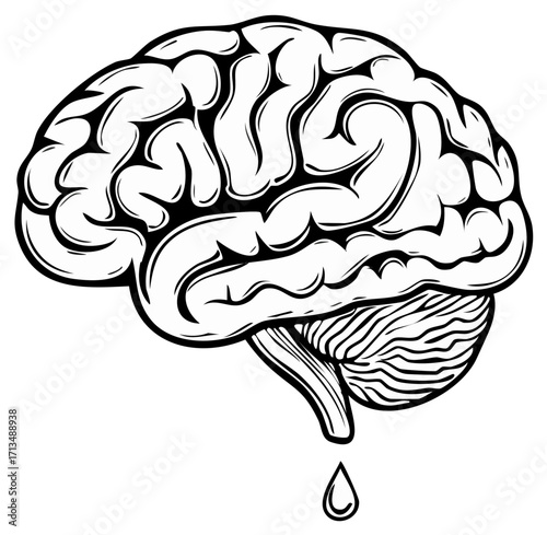 Stylized human brain illustration in black and white with a solitary drop of fluid