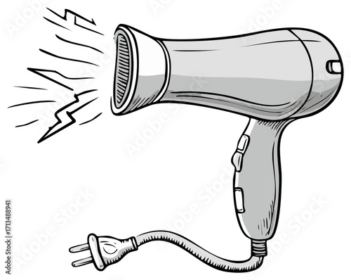 Cartoon Style Hair Dryer Illustration Emitting Heat, with Attached Power Cord