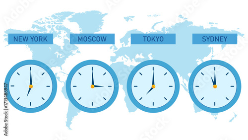 Illustration of the world in an hour: From New York to Sydney, time connects the continents in one language, without borders, professionally
