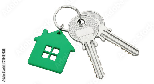 Keys with a house shaped keyring on transparent background