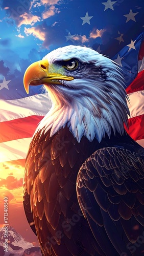 Bald eagle against American flag, sunrise
