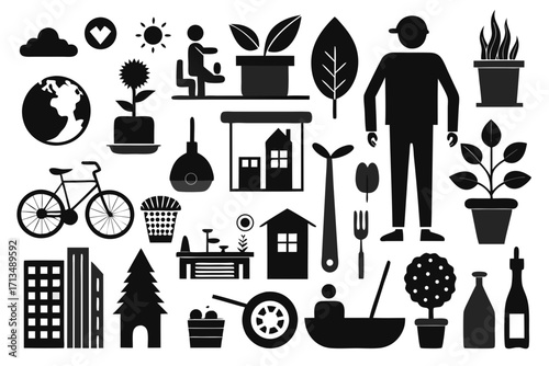 Vibrant collection of modern icons representing nature, city life, gardening, and healthy living for diverse project needs