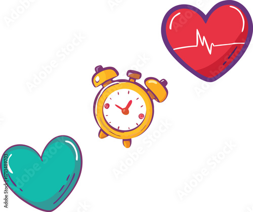 Time to care for your heart health with a classic alarm clock and heart icons vector
