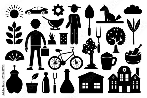Vibrant collection of modern silhouette icons representing lifestyle, nature, and everyday objects for diverse creative projects and design needs