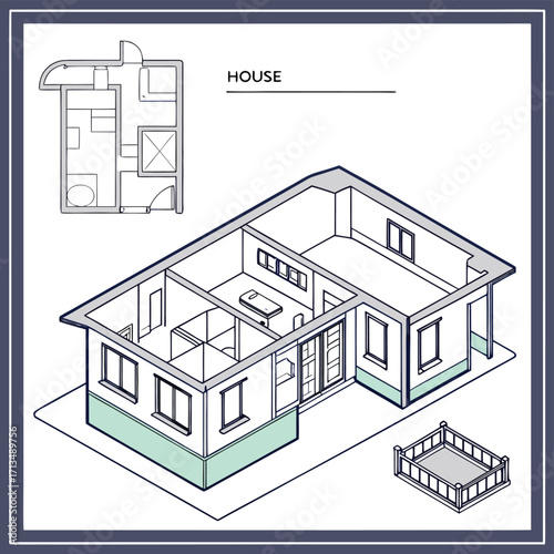Architectural Blueprint: A detailed blueprint unveils the intricate design of a house, showcasing a floor plan alongside an isometric view. The focus is on the technical precision and artistic vision.