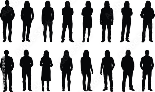 Silhouette vector illustration of diverse standing people, men and women, black human shapes, business and casual poses for graphic design, presentations, and creative projects