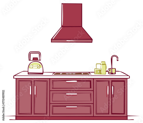 Stylish Kitchen Illustration featuring Cabinetry Range Hood and Countertop Accessories