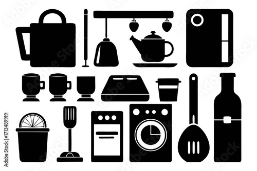 Modern kitchen essentials collection featuring appliances cookware utensils and drinkware ready for creative culinary projects and home design concepts