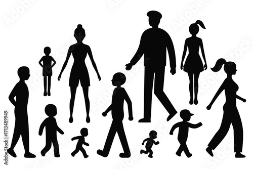 Diverse group of people and children walking together portraying unity, movement, and family togetherness in a modern, clean style