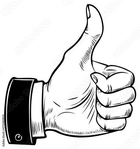 Black and white drawing of hand giving thumbs up gesture, vintage illustration