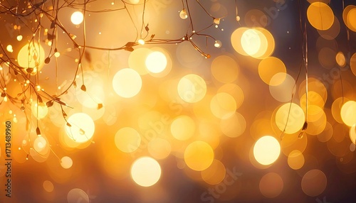 Abstract Bokeh Background with Golden Lights and Twigs in Night Sky Theme Festive Warm Hues Sparkly Texture