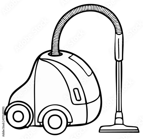 Simple black and white line art illustration of a modern canister vacuum cleaner for household cleaning chores