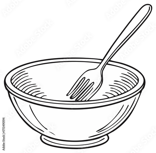 Empty ceramic bowl with a fork inside a hand drawn vector illustration