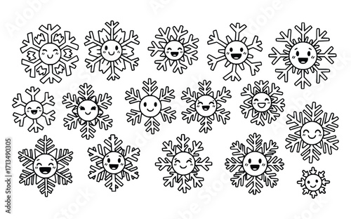 Black and white Doodle Vector art of collection of cheerful snowflakes with happy faces, , showcasing winters beauty and joy through delightful cartoon illustrations
