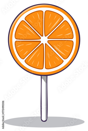 Cartoon orange slice lollipop illustration, sweet candy on a stick treat graphic