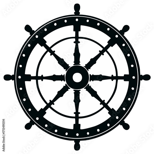 Detailed black and white ship steering wheel illustration isolated on white